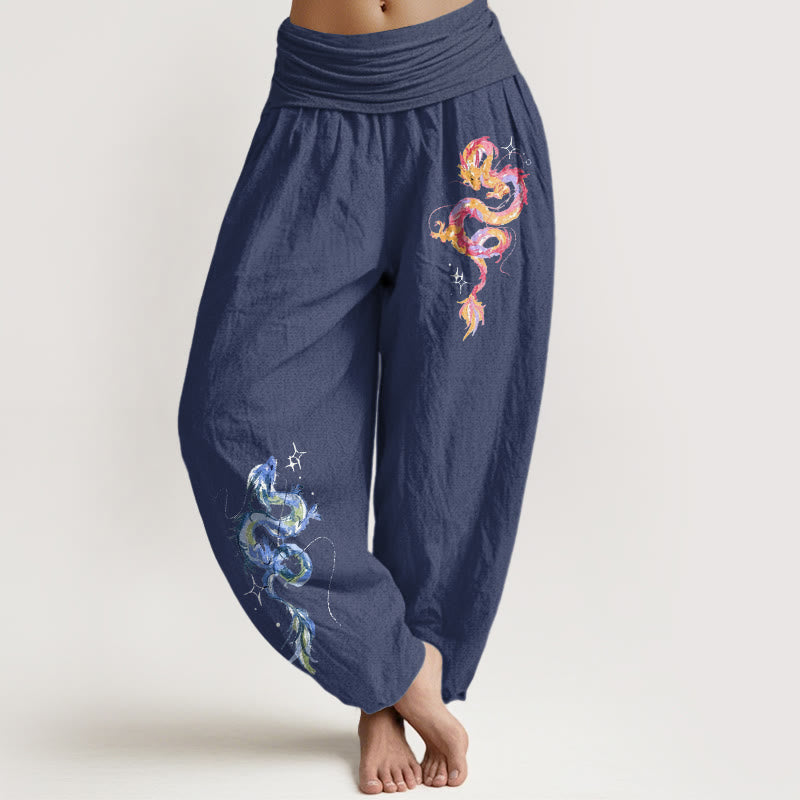 Buddha Stones Pure Cotton Striking Dragon Pattern Women's Elastic Waist Harem Pants - DarkSlateBlue - US16，UK/AU20，EU48 (3XL) - image 5