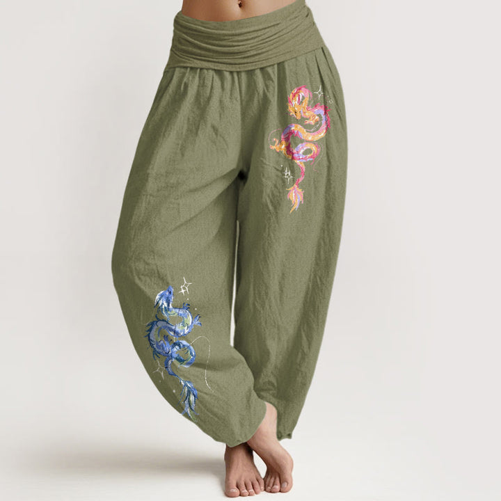 Buddha Stones Pure Cotton Striking Dragon Pattern Women's Elastic Waist Harem Pants - OliveDrab - US16，UK/AU20，EU48 (3XL) - image 14