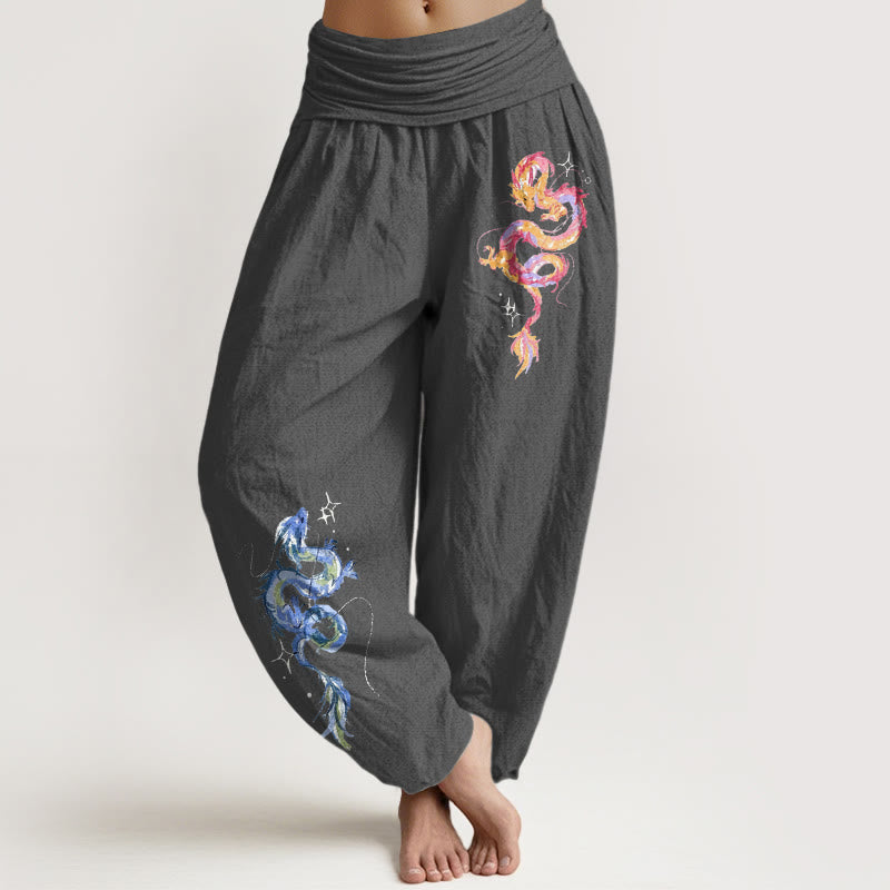 Buddha Stones Pure Cotton Striking Dragon Pattern Women's Elastic Waist Harem Pants - DimGray - US16，UK/AU20，EU48 (3XL) - image 8