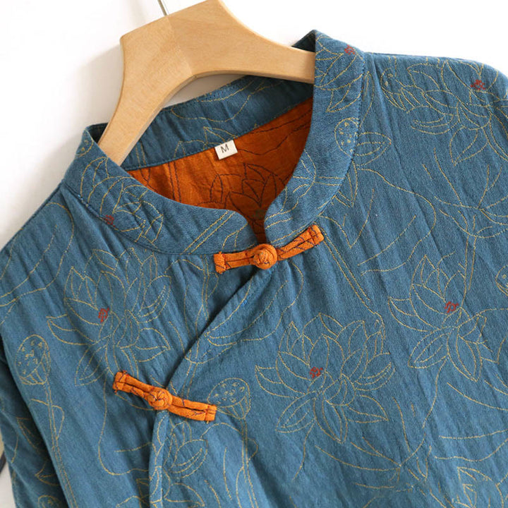 Buddha Stones Jacquard Flowers Pattern Frog-Button Stand Collar Long Sleeve Cotton Midi Dress - image 4