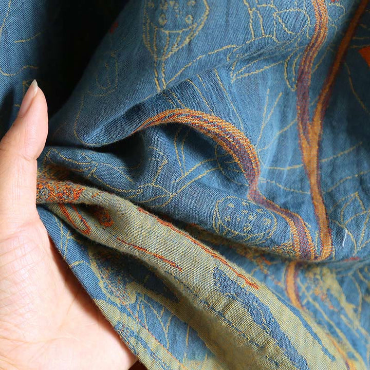 Buddha Stones Jacquard Flowers Pattern Frog-Button Stand Collar Long Sleeve Cotton Midi Dress - image 9