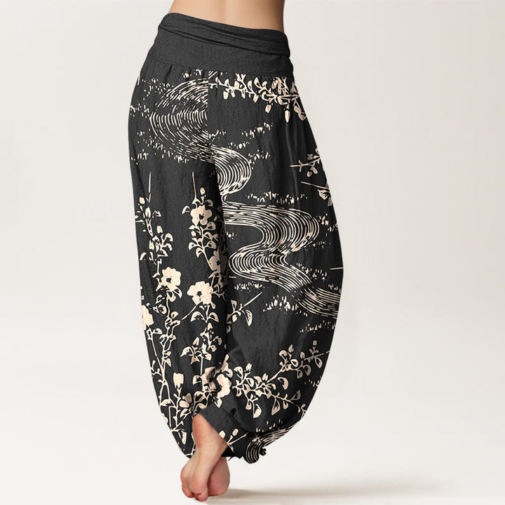 Buddha Stones Pure Cotton Simple Flowers Stream Pattern Women's Elastic Waist Harem Pants - image 6