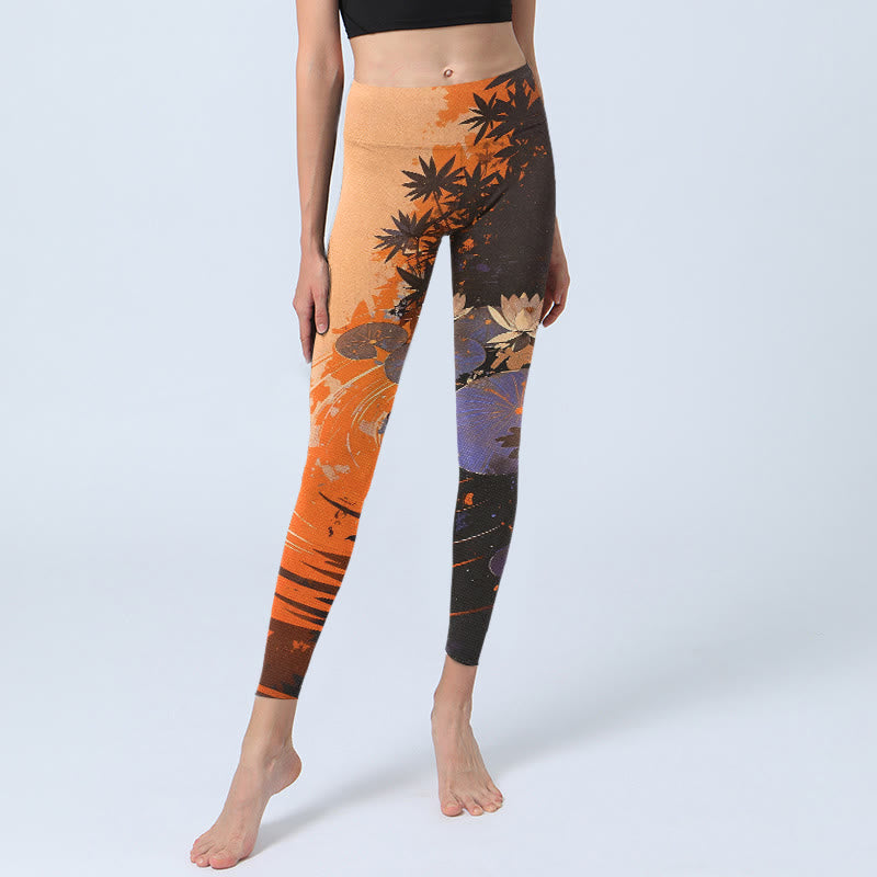 Buddha Stones Lotus Flowers Leaves Water Ripples Pattern Print Gym Leggings Women's Yoga Pants - image 5
