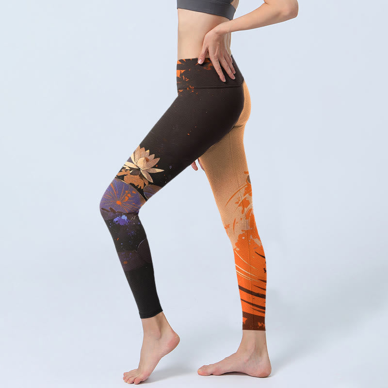 Buddha Stones Lotus Flowers Leaves Water Ripples Pattern Print Gym Leggings Women's Yoga Pants - image 2