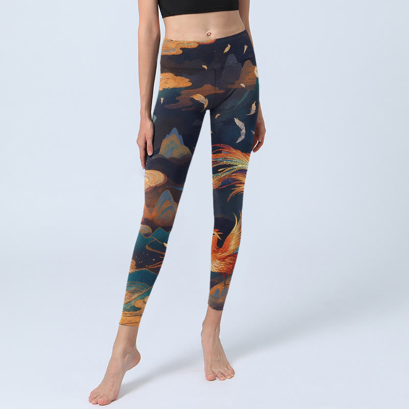 Buddha Stones Gorgeous Phoenix Cloud Mountain Pattern Print Gym Leggings Women's Yoga Pants - image 5