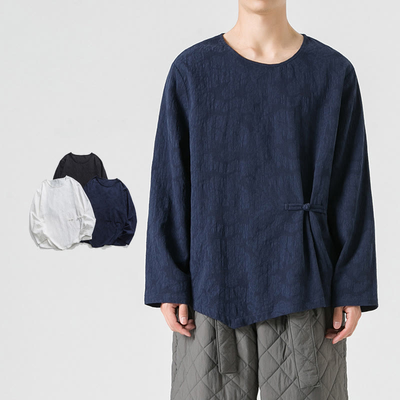 Buddha Stones Men's Chinese Frog-Button Plain Design Cotton Long Sleeve T-Shirt Zen Clothing - Navy - US/UK/AU46，EU56 (5XL) - image 1