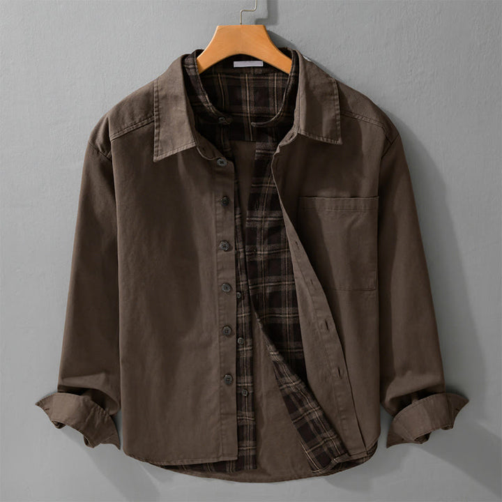 Buddha Stones Spring Plaid Pattern Fake Two-piece Long Sleeve Men's Cotton Jacket With Pocket - SaddleBrown - US/UK/AU42，EU52 (3XL) - image 10