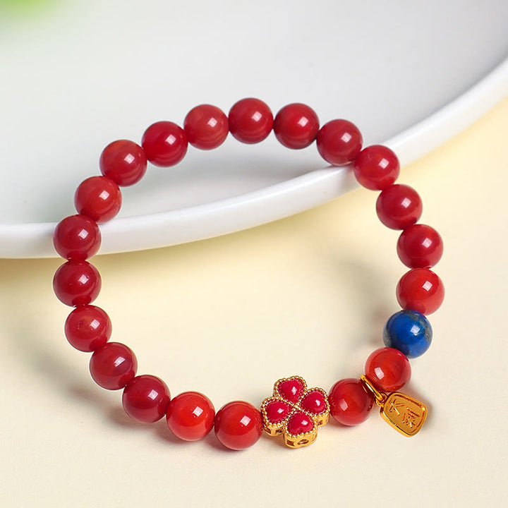 Buddha Stones Four Leaf Clover Flower Gourd South Red Agate White Agate Positive Beaded Bracelet - image 2