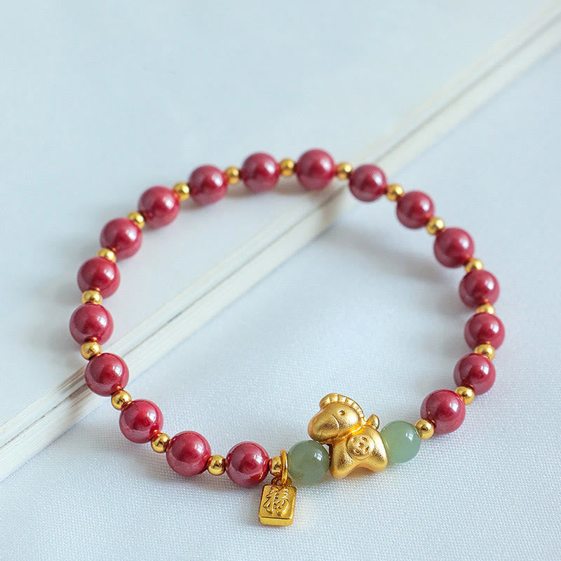 Buddha Stones Chinese Zodiac Year of the Horse Fu Character Cinnabar Hetian Jade Blessing Bracelet - image 10