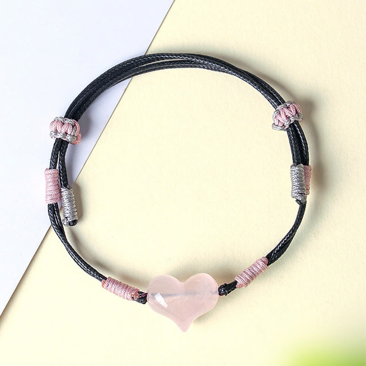 Buddha Stones Natural Heart Charm Pink Crystal Braided String Warmth Bracelet - Pink Crystal(Wrist Circumference: 14-19cm) - image 0