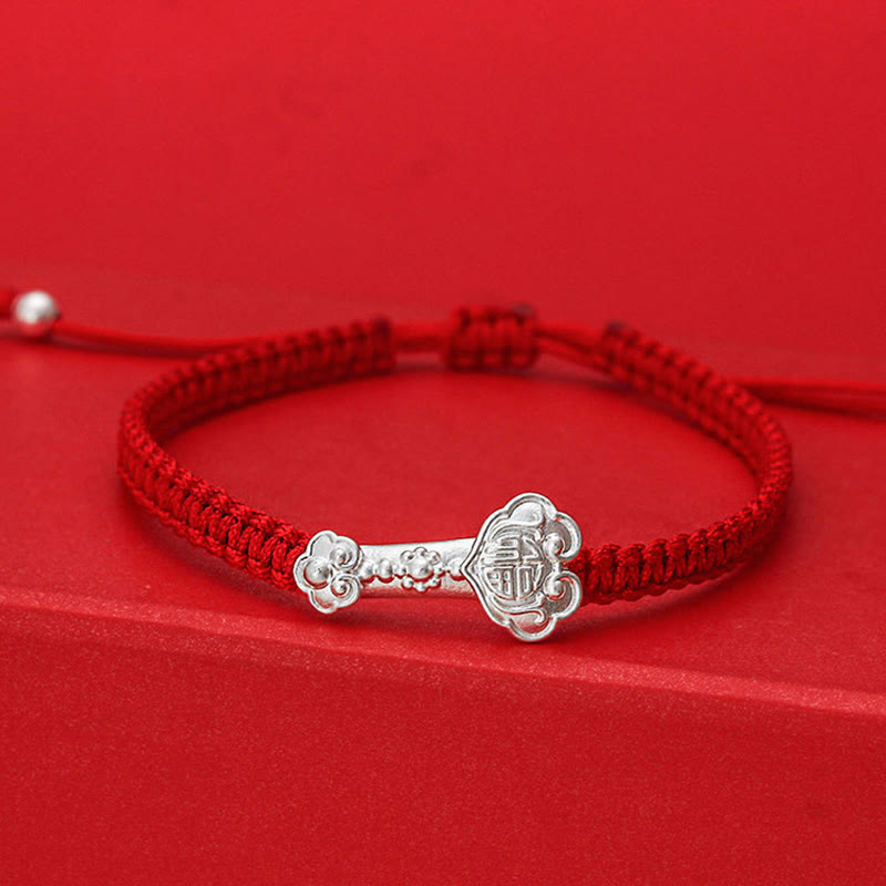 Buddha Stones 999 Sterling Silver Ruyi Fu Character Luck Red String Connection Braided Bracelet - Red String(Wrist Circumference: 19-20cm) - image 0
