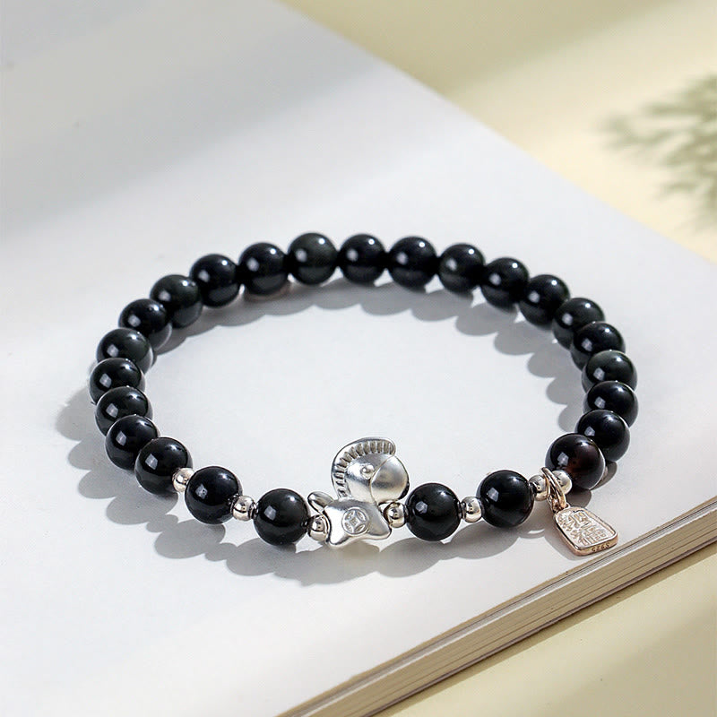 Buddha Stones Year Of The Horse Black Obsidian Red Agate Pink Crystal Silver Fulfilment Bracelet - image 1