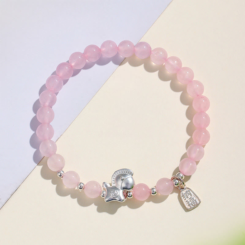 Buddha Stones Year Of The Horse Black Obsidian Red Agate Pink Crystal Silver Fulfilment Bracelet - image 10