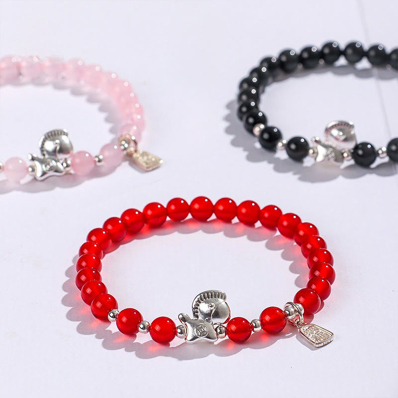 Buddha Stones Year Of The Horse Black Obsidian Red Agate Pink Crystal Silver Fulfilment Bracelet - image 13