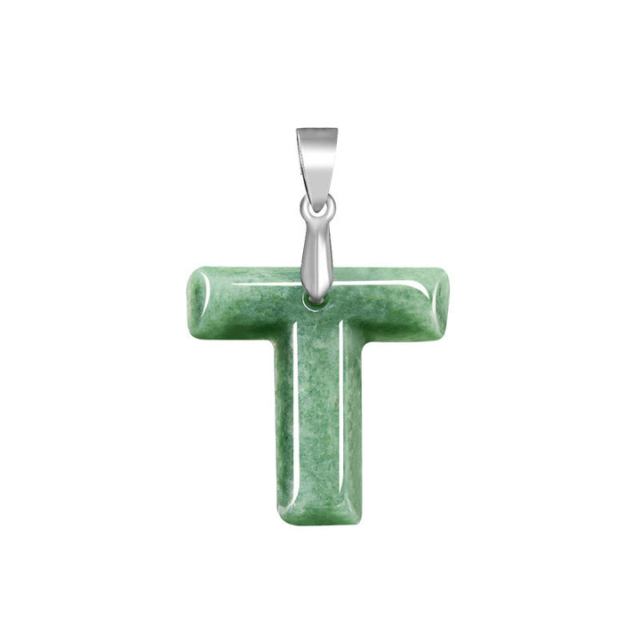 Buddha Stones Natural A-Z Letter Jade Titanium Steel Chain Prosperity Necklace Pendant - T - image 24