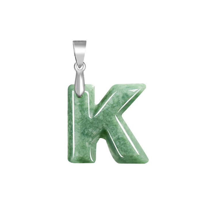 Buddha Stones Natural A-Z Letter Jade Titanium Steel Chain Prosperity Necklace Pendant - K - image 15