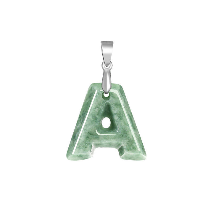 Buddha Stones Natural A-Z Letter Jade Titanium Steel Chain Prosperity Necklace Pendant - A - image 1