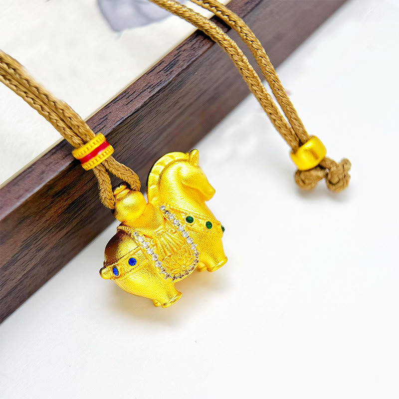 Buddha Stones Year Of The Horse 24k Gold Plated Brass Rope Cord Necklace Pendant - Horse Golden Rope(Length: 75cm) - image 1