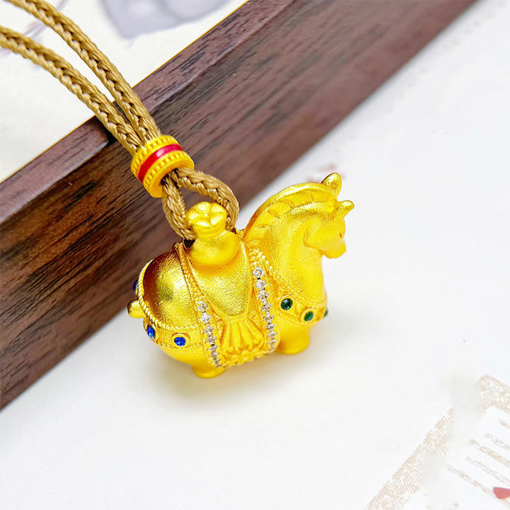 Buddha Stones Year Of The Horse 24k Gold Plated Brass Rope Cord Necklace Pendant - image 2