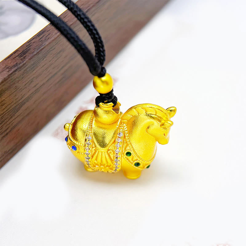 Buddha Stones Year Of The Horse 24k Gold Plated Brass Rope Cord Necklace Pendant - Horse Black Rope(Length: 70cm) - image 0