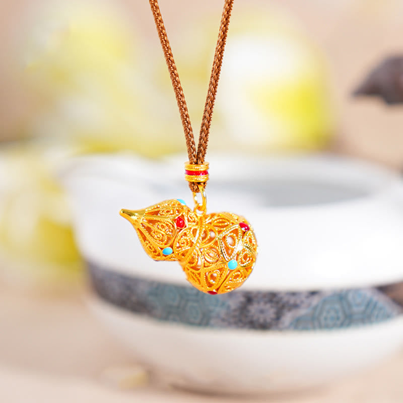 Buddha Stones Hollow Gourd Design 24k Gold Plated Brass Rope Necklace Pendant - image 2