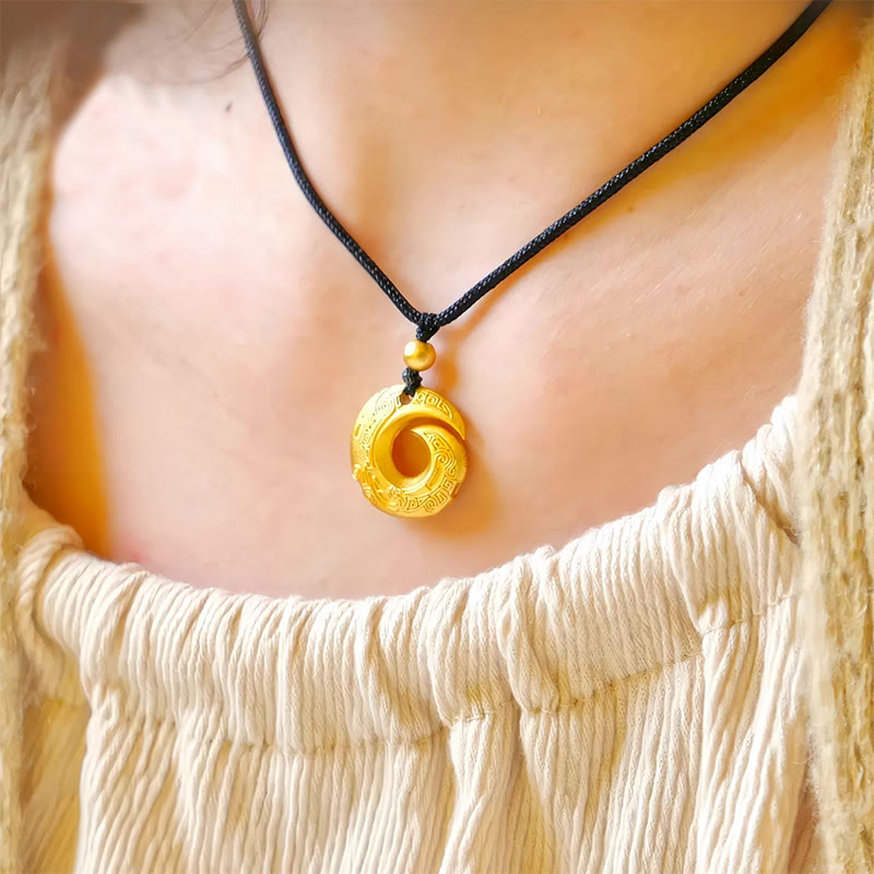 Buddha Stones 24k Gold Plated Brass Peace Buckle Black Rope Auspicious Necklace Pendant - image 3