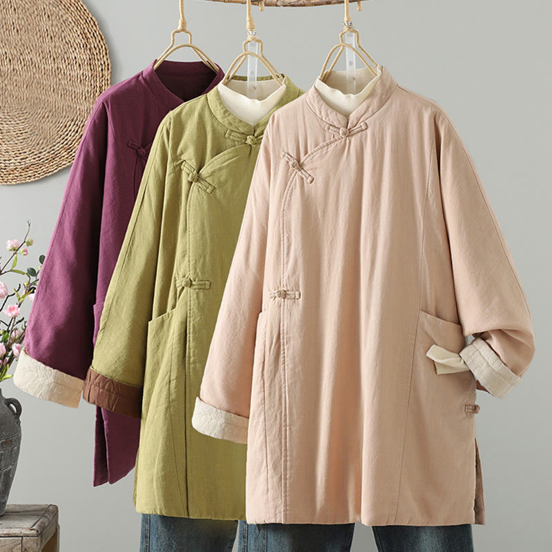 Buddha Stones Winter Frog-button Mid-length Women's Cotton Coat With Pockets - image 1