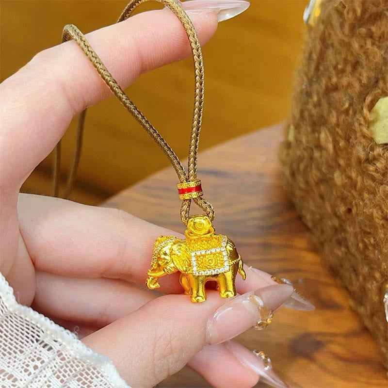 Buddha Stones 24k Gold Plated Brass Elephant Charm Strength Rope Necklace Pendant - image 2