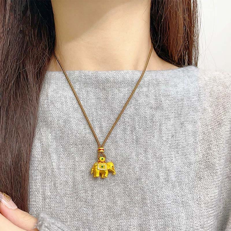 Buddha Stones 24k Gold Plated Brass Elephant Charm Strength Rope Necklace Pendant - image 9