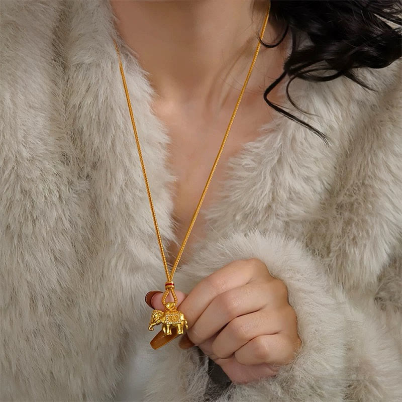 Buddha Stones 24k Gold Plated Brass Elephant Charm Strength Rope Necklace Pendant - image 4