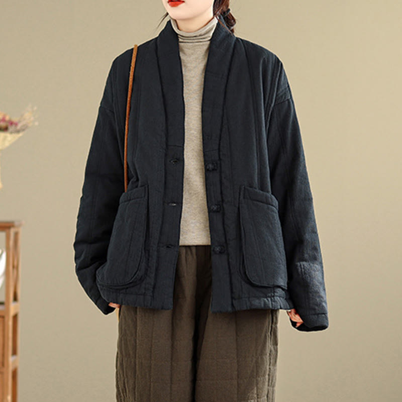 Buddha Stones Winter Solid Long Sleeve Cotton Women's Thermal Jacket With Pockets - image 17