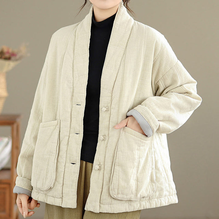 Buddha Stones Winter Solid Long Sleeve Cotton Women's Thermal Jacket With Pockets - image 2