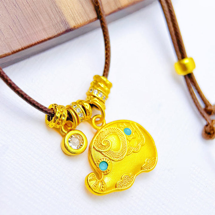 Buddha Stones Elephant Symbol 24k Gold Plated Brass Strength Rope Necklace Pendant - Elephant - image 0