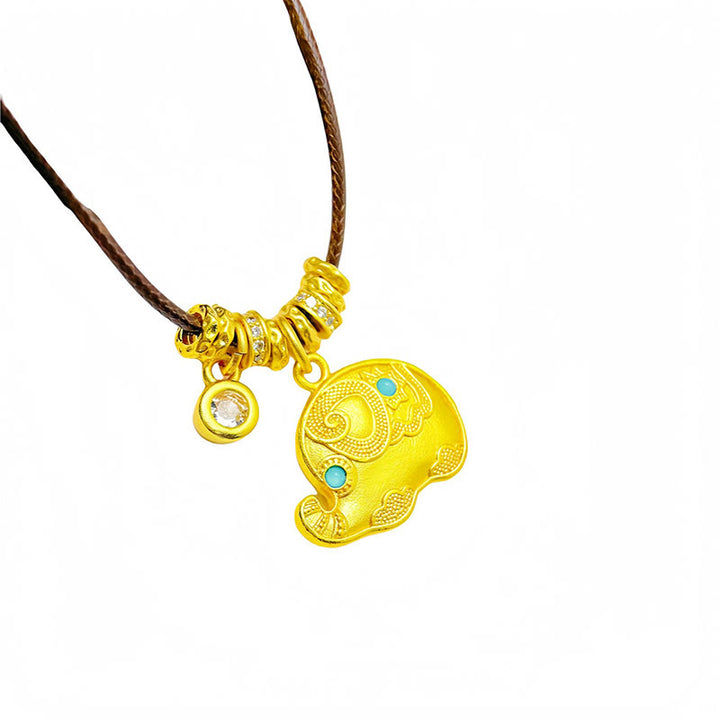 Buddha Stones Elephant Symbol 24k Gold Plated Brass Strength Rope Necklace Pendant - image 3