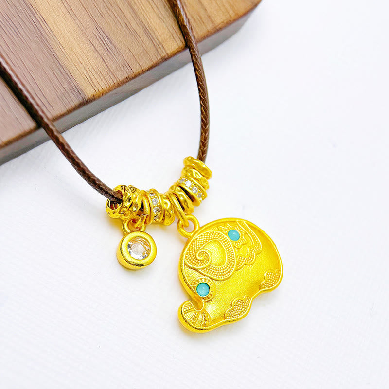 Buddha Stones Elephant Symbol 24k Gold Plated Brass Strength Rope Necklace Pendant - image 1