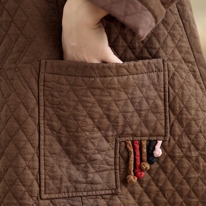 Buddha Stones Diamond Pattern Mid-length Women's Cotton Coat With Pockets - image 19