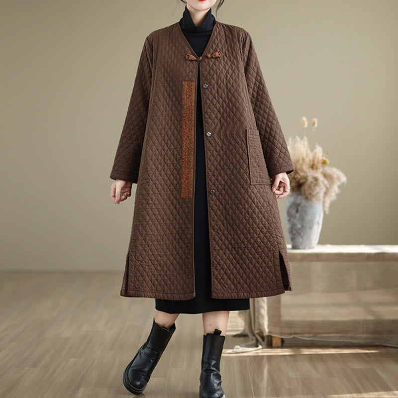 Buddha Stones Diamond Pattern Mid-length Women's Cotton Coat With Pockets - image 12