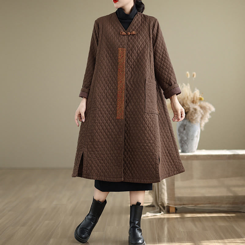 Buddha Stones Diamond Pattern Mid-length Women's Cotton Coat With Pockets - image 11