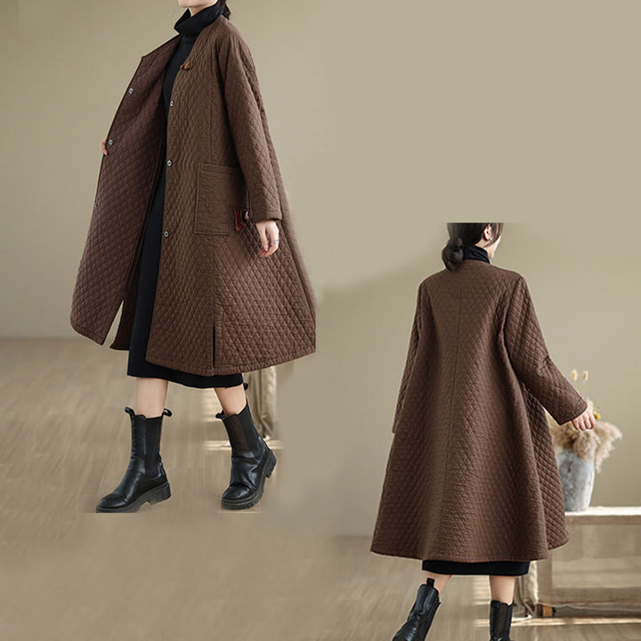 Buddha Stones Diamond Pattern Mid-length Women's Cotton Coat With Pockets - image 13