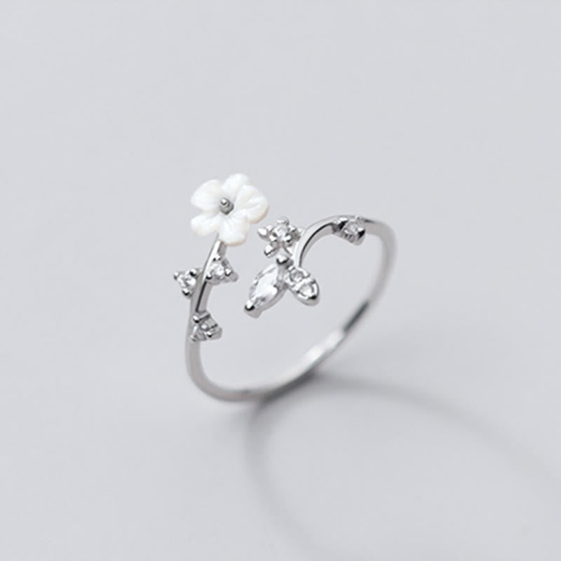 Buddha Stones 925 Sterling Silver White Flower Design Adjustable Blessing Ring - Silver - image 1