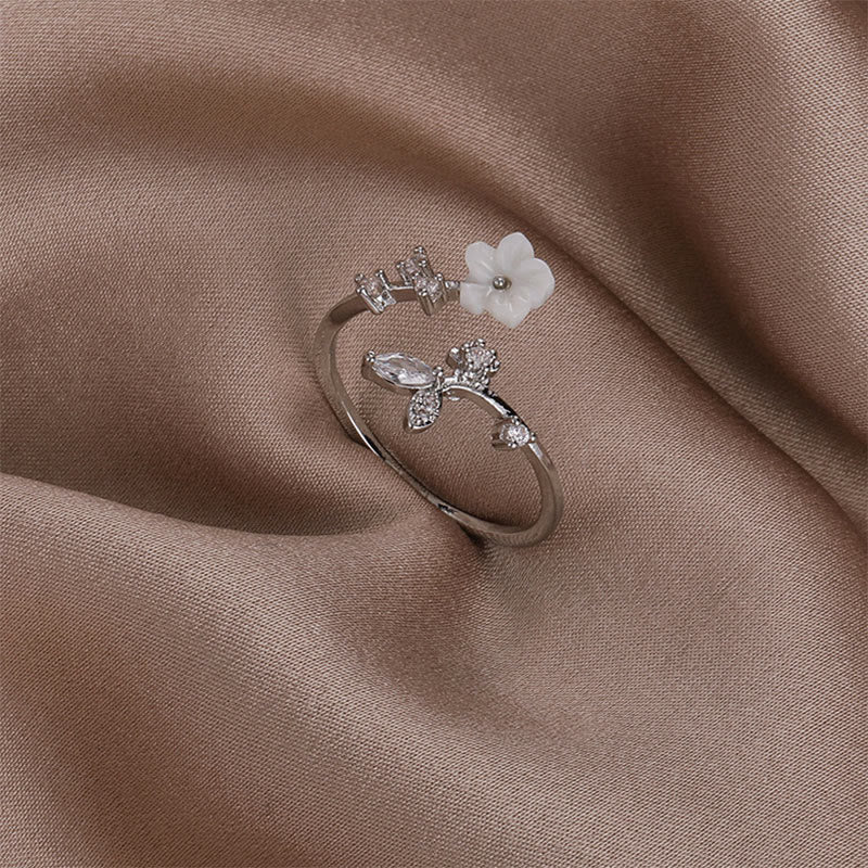 Buddha Stones White Flower Design Adjustable Healing Copper Ring - Silver - image 2