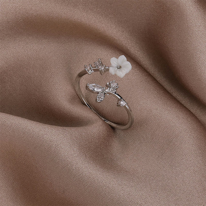 Buddha Stones White Flower Design Adjustable Healing Copper Ring - Silver - image 2