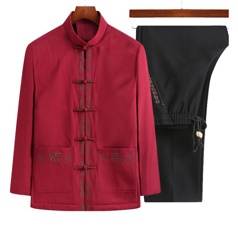 Buddha Stones Fu Character Embroidery Tang Suit Frog-Button Men's Long Sleeve Jacket Shirt Pants - Red Jacket+Black Pants - US/UK/AU44，EU54 (4XL) - image 7