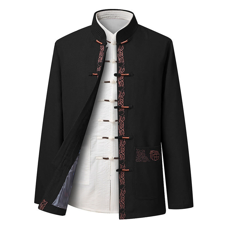 Buddha Stones Fu Character Embroidery Tang Suit Frog-Button Men's Long Sleeve Jacket Shirt Pants - Black Jacket(Jacket Only) - US/UK/AU44，EU54 (4XL) - image 8