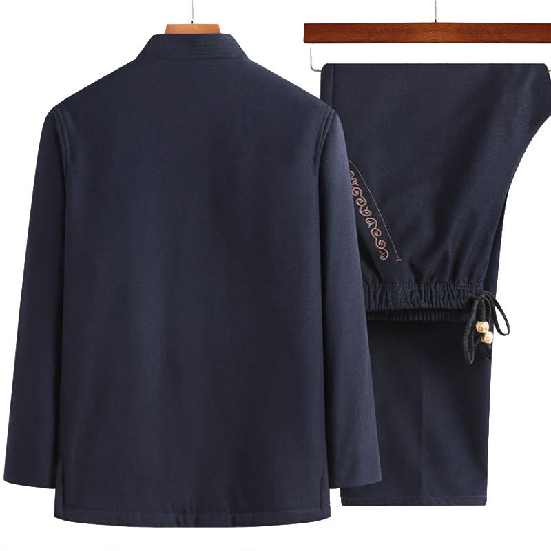 Buddha Stones Fu Character Embroidery Tang Suit Frog-Button Men's Long Sleeve Jacket Shirt Pants - image 6