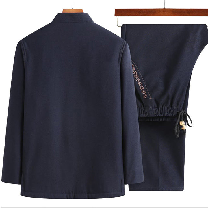 Buddha Stones Fu Character Embroidery Tang Suit Frog-Button Men's Long Sleeve Jacket Shirt Pants - image 6