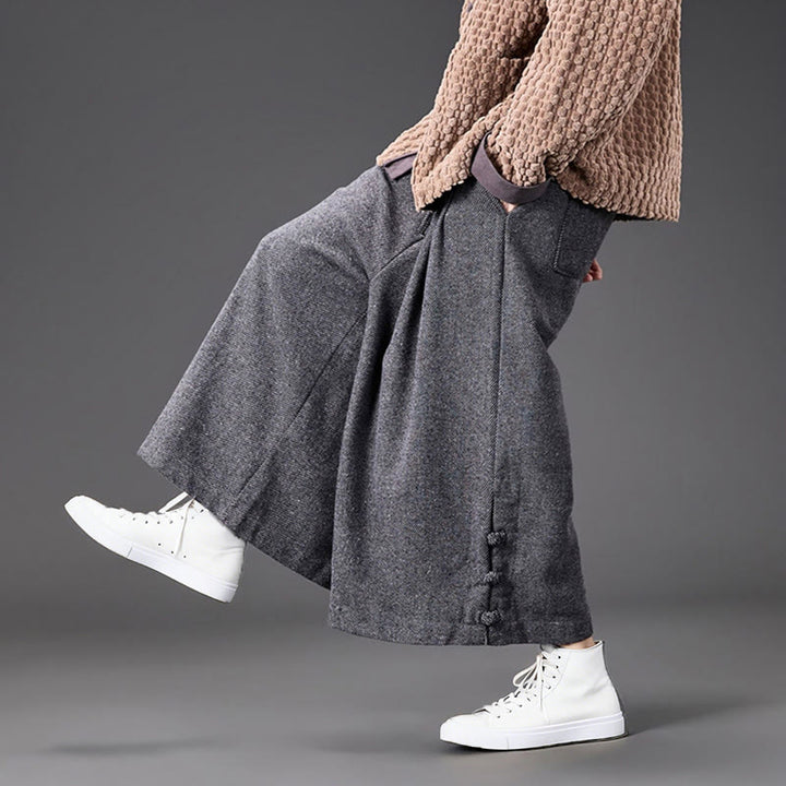 Buddha Stones Winter Chinese Frog-Button Design Corduroy Thermal Men's Wide Leg Pants With Pockets - image 27