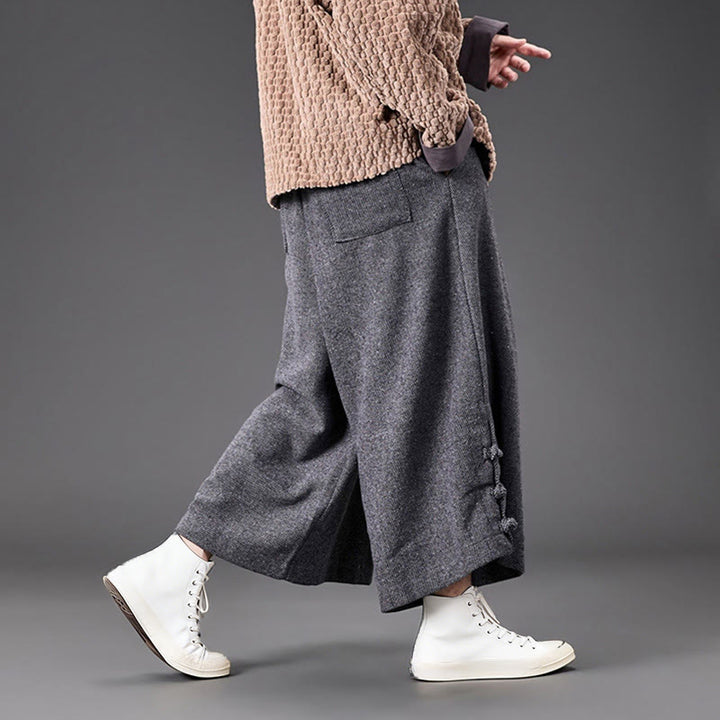Buddha Stones Winter Chinese Frog-Button Design Corduroy Thermal Men's Wide Leg Pants With Pockets - image 25