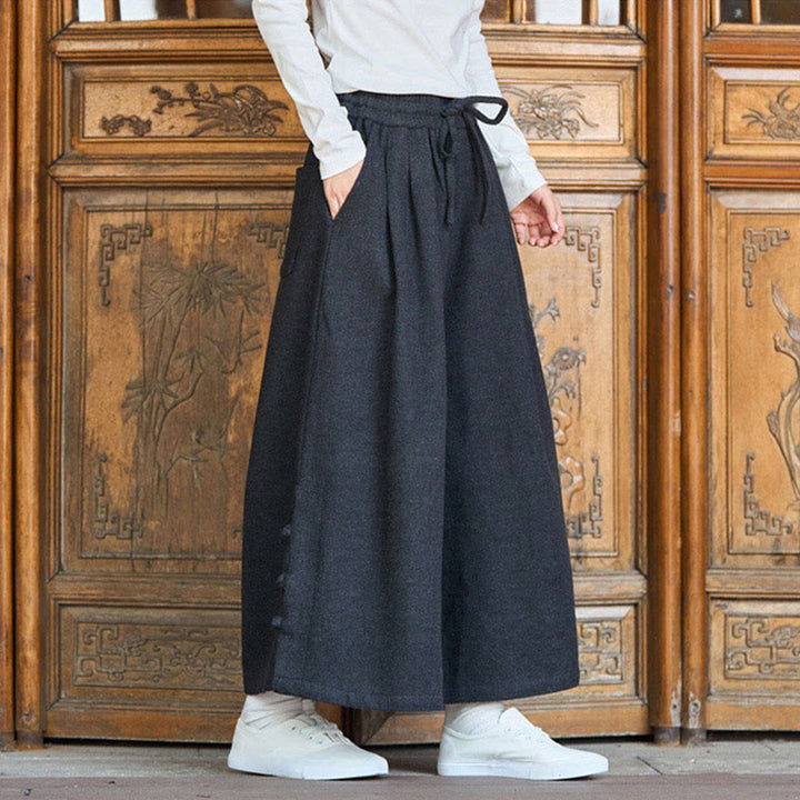 Buddha Stones Winter Chinese Frog-Button Design Corduroy Thermal Men's Wide Leg Pants With Pockets - image 3