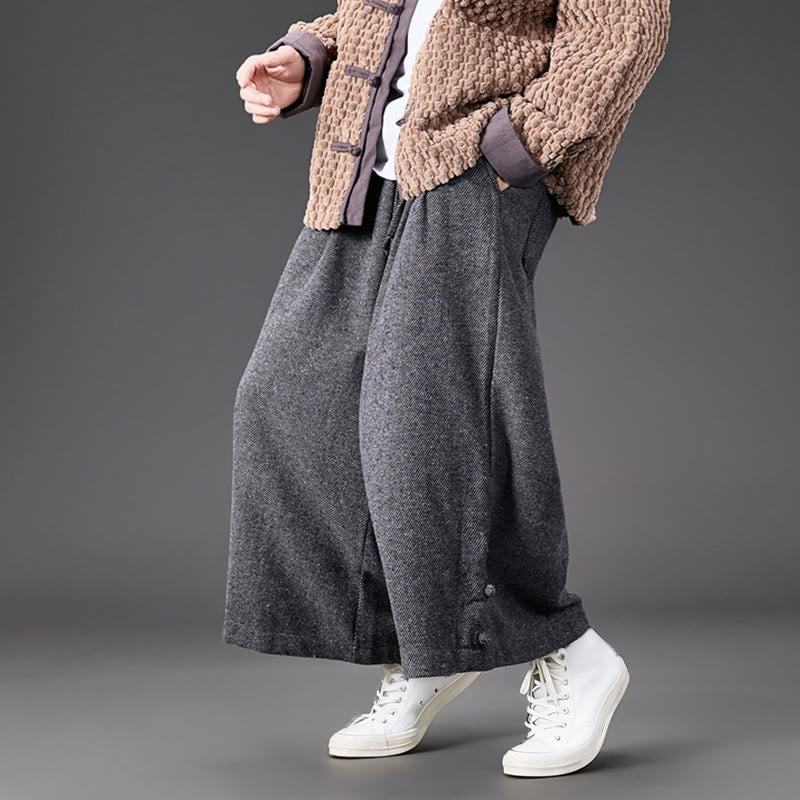 Buddha Stones Winter Chinese Frog-Button Design Corduroy Thermal Men's Wide Leg Pants With Pockets - image 26